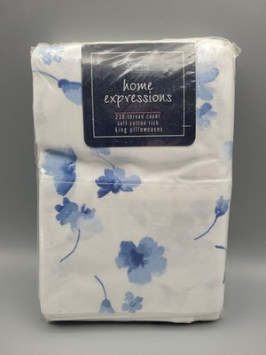 NOS JC Penny Home Expression 230 Thread Count Blue Watercolor King Pillowcases