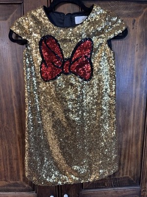 Disney Store Minnie Mouse Bow GoldSequin Shift Girls Party Dress Holiday 7/8