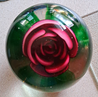 Joe St.Clair ROSE Paperweight.  Pictured is a tiny chip on by signature. ANTIQUE