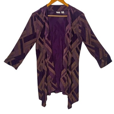 Chico's Travelers Open Front Cardigan Duster Purple Metallic Gold Size 8 10