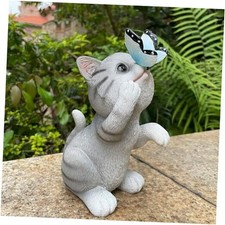 Solar Cat Outdoor Figurines Garden Decor with Butterfly Cat Statue Gray Cat
