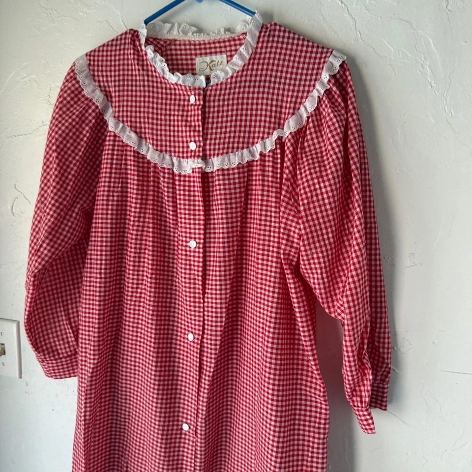 Camisón vintage Katz rojo guinga con volantes ribete de encaje manga larga cabaña prarie Foto 4 de 4