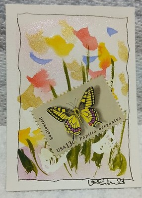 13¢ Butterfly Postal Whimsy OOAK ACEO Pearlescent Watercolor Art by Virginia