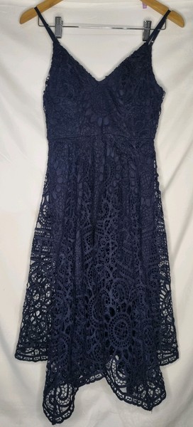 Paradisco Navy Bue Lace Dress Asymmetrical fit and flare Size 8