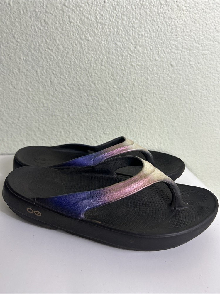 OOFOS OOlala Luxe Thong Women's Calypso Size 9 Black Purple Pink White Calypso