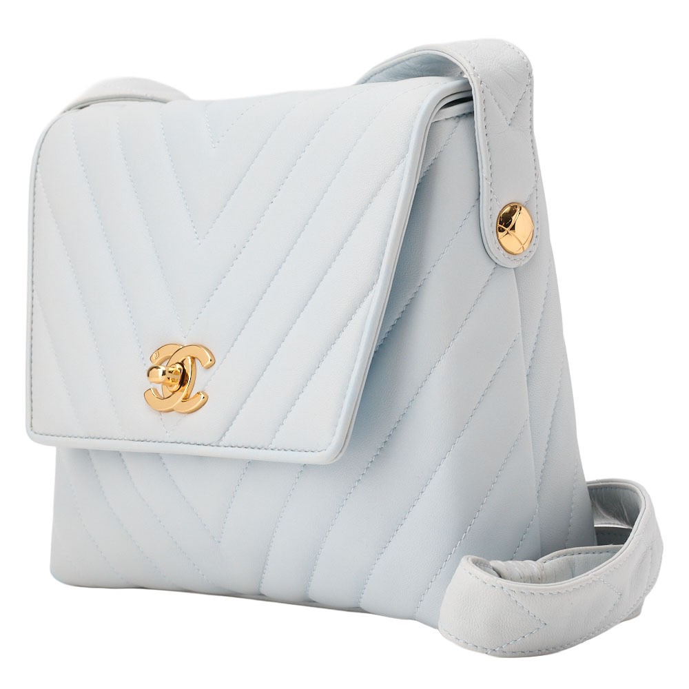 Chanel Light Blue Lambskin V-Stitch Coco Mark Shoulder Bag