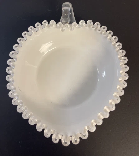 Fenton Silver Crest White Milk Glass Heart Shape Candy Dish w/ Handle Valentine
