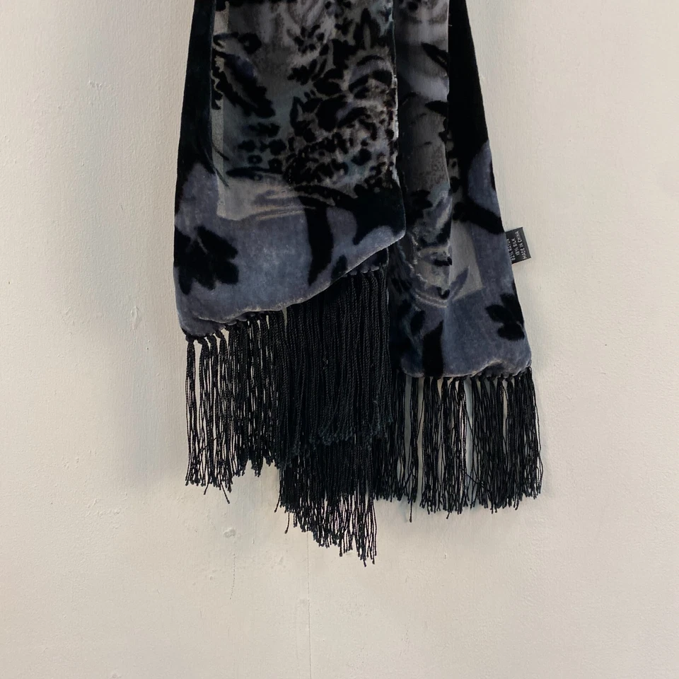 Mujer Bufanda Rayón Seda Negro Azul Flecos Rectángulo 10" x 62" Terciopelo Floral Foto 2 de 4