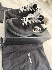 Authentic Chanel CC Logo Sneaker Black White 37.5 Mesh Suede Calfskin G38299
