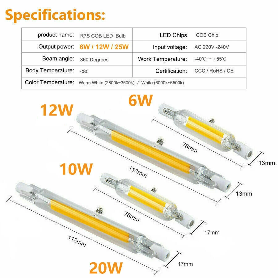 R7s COB LED Bulbs 6W/12W 20W Security Flood Replaces Halogen light 78mm 118mm - Image 2 of 4