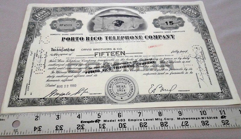 Bono Acciones PUERTO RICO TELEPHONE Stock Share Vale Ficha Token Porto Gra