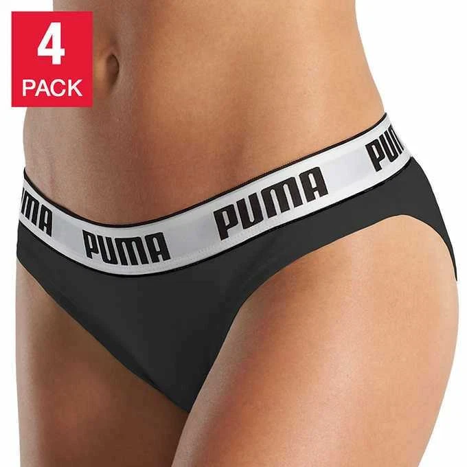 Puma Women's Girls Cotton Stretch Bikini 4-Pack Black Underwear New