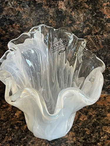 Vintage MURANO Glass Vase Ruffled Top Made In Italy 6x7”candle Tea light Holder