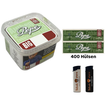 Pepe Bright Green Volumentabak 170g BIG BOX, 400 Hülsen, Feuerzeuge