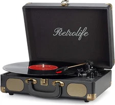 Vinyl Record Player - 3-Speed Bluetooth Portable Belt-Driven Suitcase Turntable