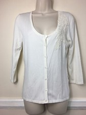Kaliko Ivory Button Up Jersey Scoop Neck Appliqué Beaded Tapework Cardigan 8UK