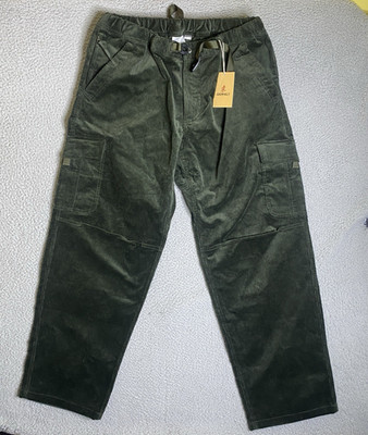 Gramicci Pants Men Large 34x31 Green Corduroy Loose Cargo Pant Elastic Belt NWT
