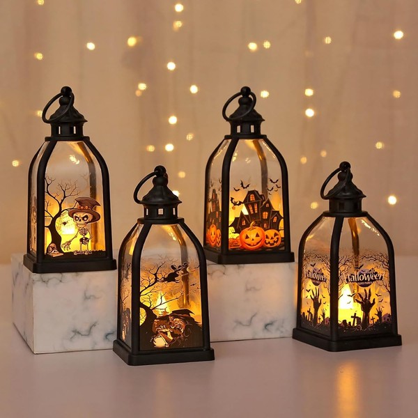 Halloween Laterne 15Cm LED Mit Hexe Geist 4 StüCk Deko FüR Festlichkeiten-image
