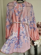 ZIMMERMANN Postcard Mini Dress Sz 0 Gold Chain Linen Belted Coral Swirl  