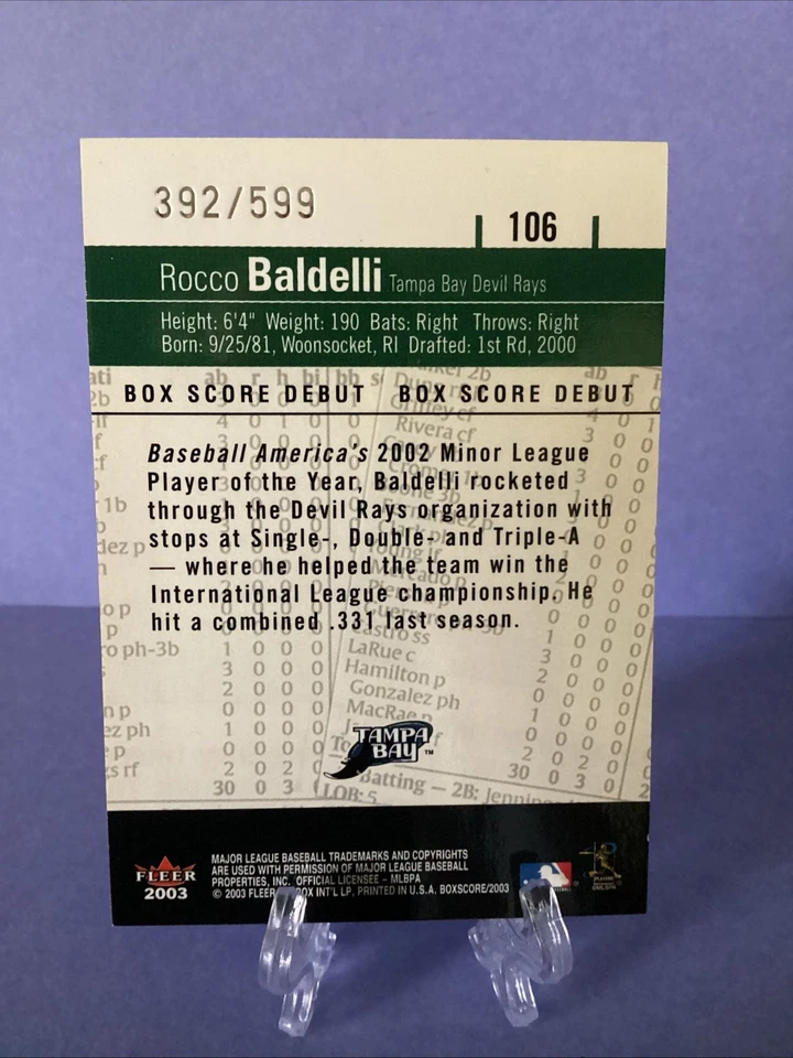 Fleer Box Score #106 2003 Rocco Baldelli BSD Tampa Bay Rays debut de novato #/599 Foto 2 de 2