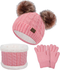 Kids Winter Beanie Hat Scarf Gloves Set for Girls Boys Knit Warm Pompom Toddler