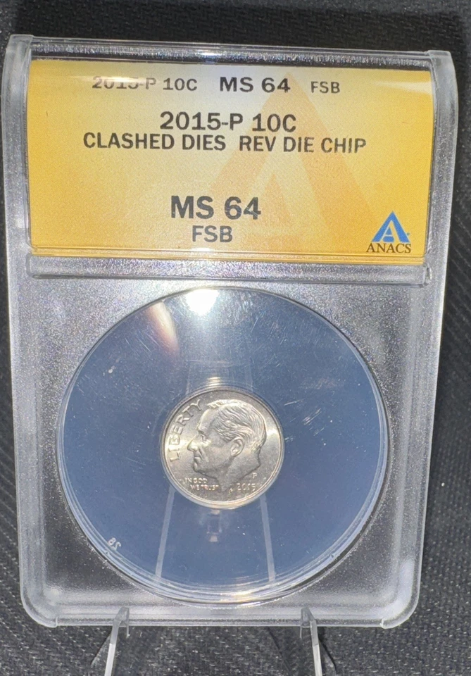 2015-P Roosevelt Dime Clashed Dies Rev Die Chip MS 64 FB ANACS Rare High Grade  - Image 2 of 4