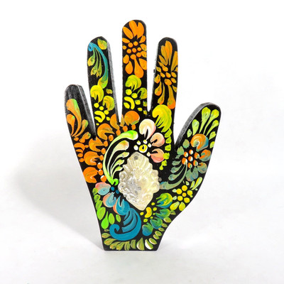 Black Healing Hand Wood Painted Flowers Heart Milagro Mexican Folk Art Wall 6.6H