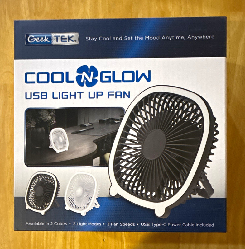 Geek Tek Cool N Glow Table/Desk USB Fan White 3-Speed LED Light Kickstand