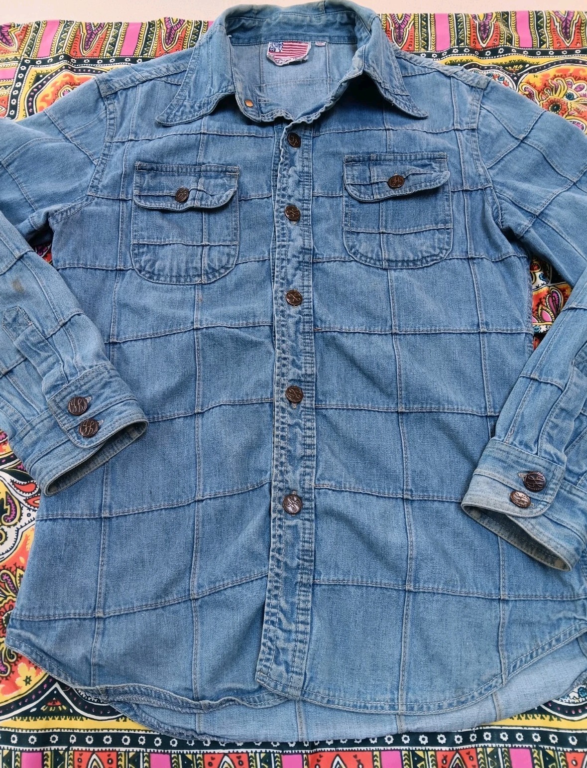 Vintage Retro 1970s Windowpane Patchwork Denim Sh… - image 2