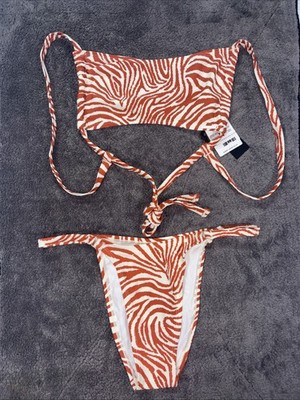 NWT Kendall + Kylie Women's  Tiger Abstract  Bikini Set Rust/White Size M A156