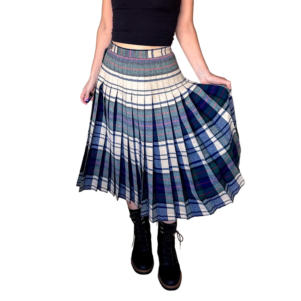 Falda a Cuadros Vintage Años 50 Pendleton Turnabout Lana Reversible Tartán Azul Gris 27" Foto 3 de 4