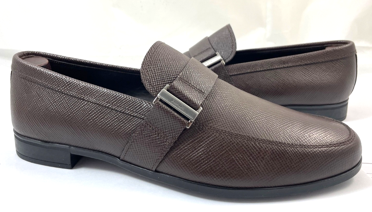PRADA Men's 7 US Embossed Logo Saffiano Leather Slip On Loafers