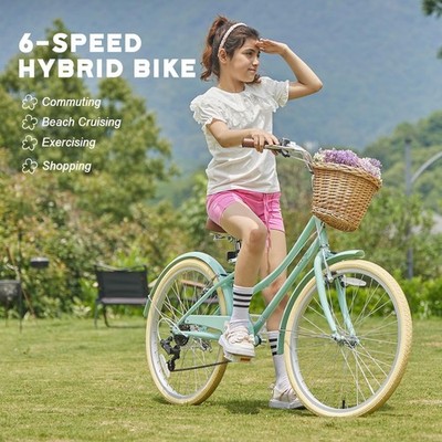20 24 26 Inch Beach Cruiser Bike, 6-Speed Hybrid City Bicycle for
