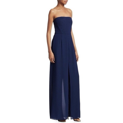 Halston Womens Navy Georgette Overlay Sequin Strapless Jumpsuit Size 4 ($525) - Picture 2 of 10