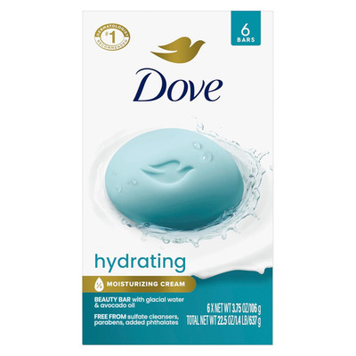 Dove Beauty Bar 6 Pack Hydrating with Glacial Water & Avocado Oil Cleanses & Hyd
