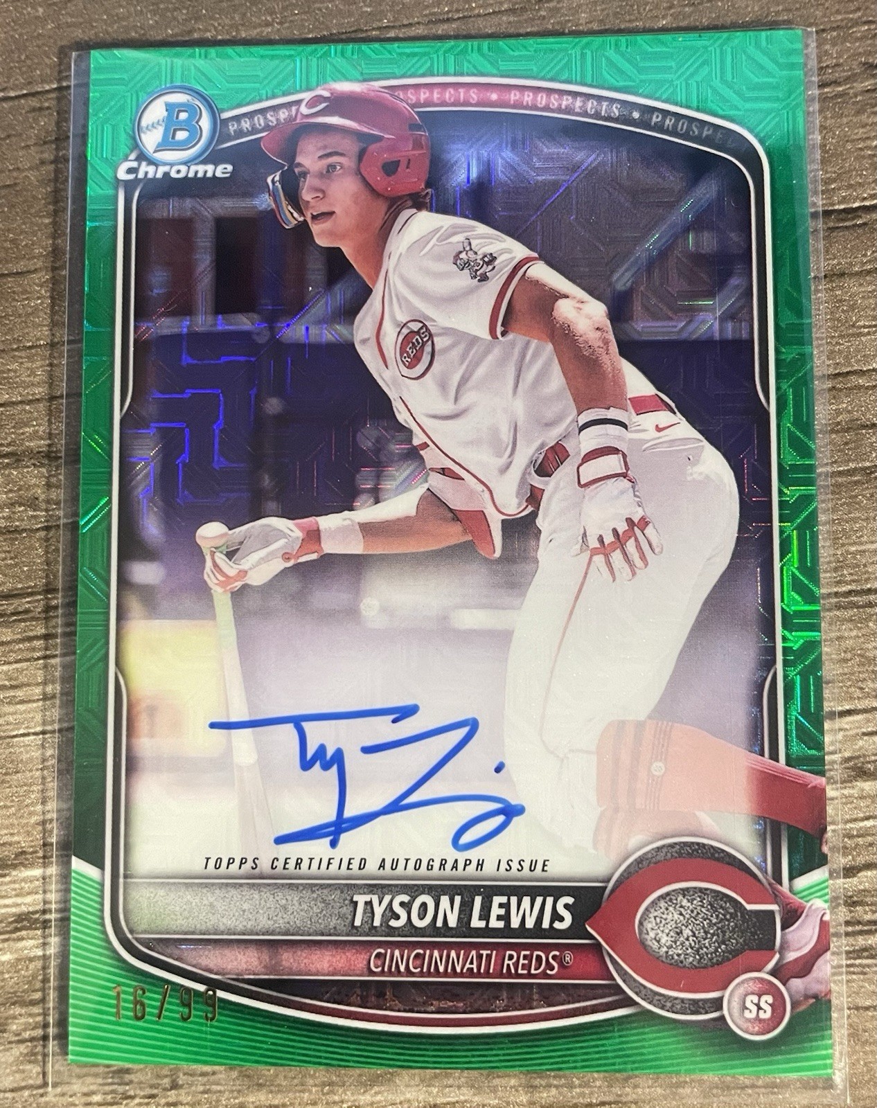 2025 Bowman - Tyson Lewis -  Chrome Prospect Green Mojo Auto 16/99 - Reds