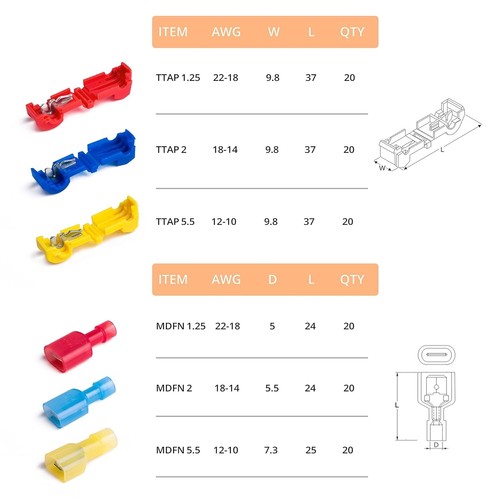 Durable 22-10 AWG T Tap Electrical Connectors Kit - 120 Pieces Assorted Colors - Picture 7 of 7