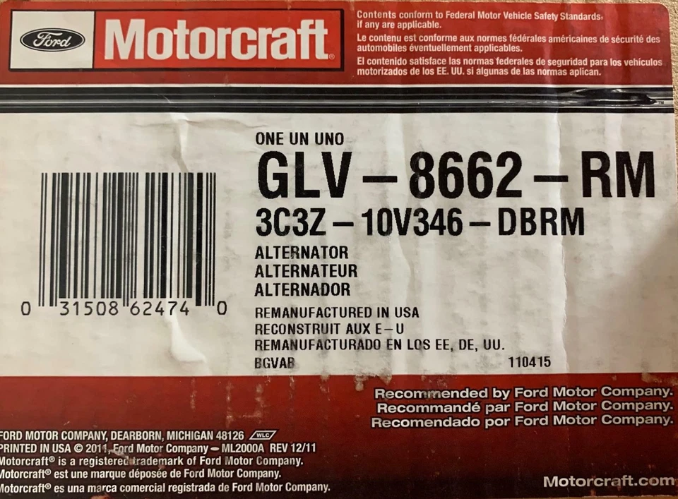 Alternador GLV-8662-RM MOTORCRAFT para Ford F-250 2003, F-350, F-450, F-550 6,8 L Foto 2 de 2