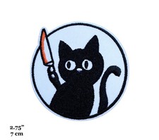 Black Cat With Knife Funny Killer Cat Meme Round Embroidered Iron On Patch