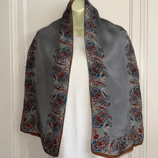 Vintage Anne Klein long gray silk scarf with paisley border