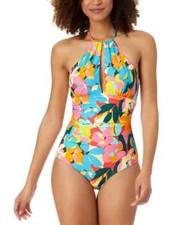 Anne Cole L29921 Women's Plumeria High-Neck One-Piece Keyhole Swimsuit Size 14