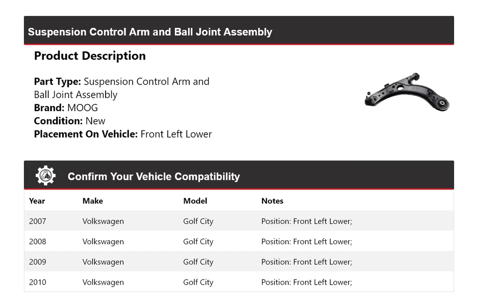 Brazo de control delantero izquierdo inferior MOOG 2007-2010 para Volkswagen Golf City 2007-2010 Foto 2 de 3