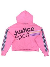 Justice Sport Girls Pink Semi Cropped Pullover Hoodie Sweatshirt