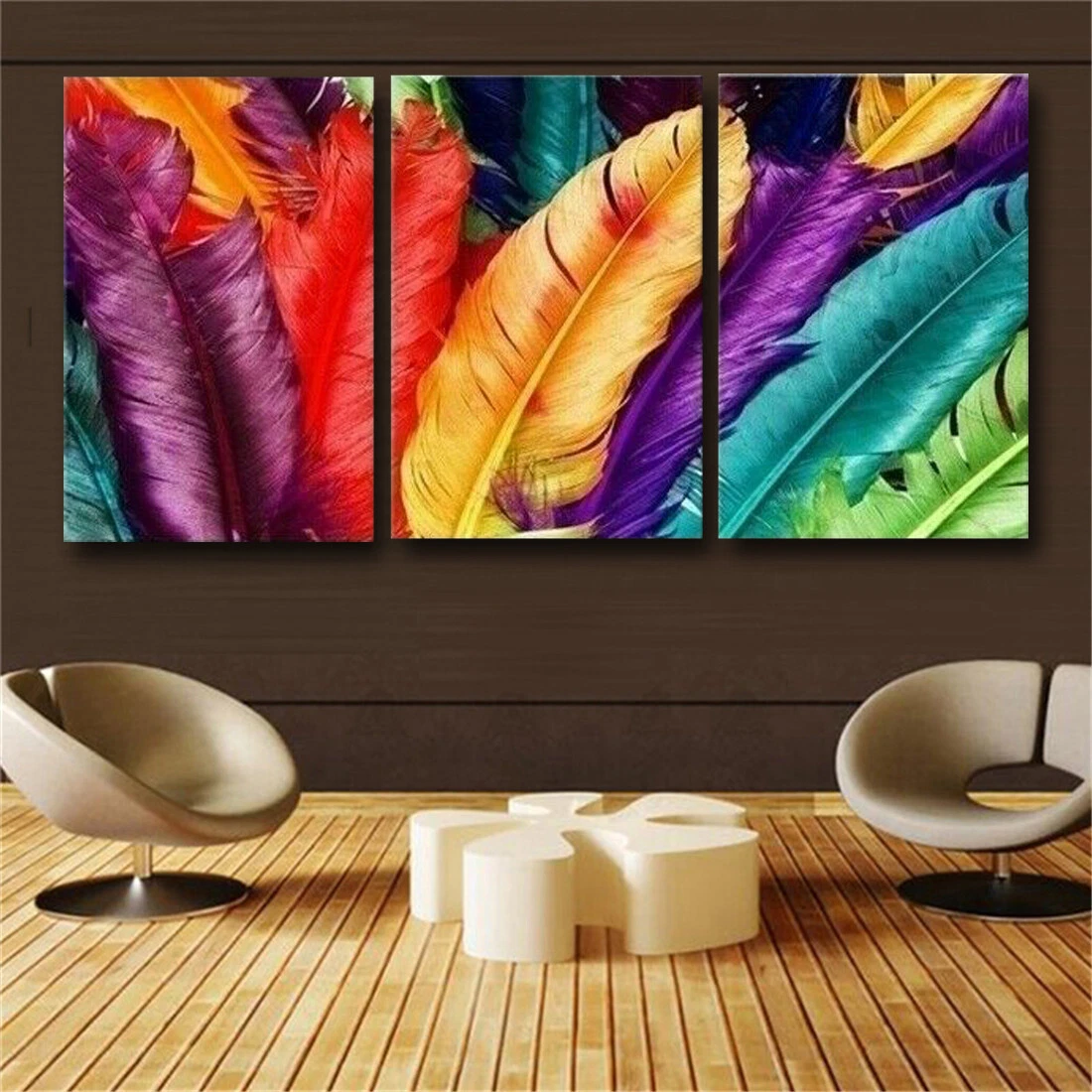 3 Panel Canvas Wall Art Decor for Living Room Colorful Feather Pictures No  Frame