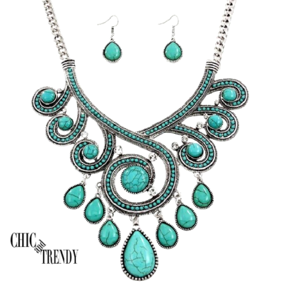 CLEARANCE TURQUOISE WESTERN STATEMENT GEM CHUNKY FASHION NECKLACE
