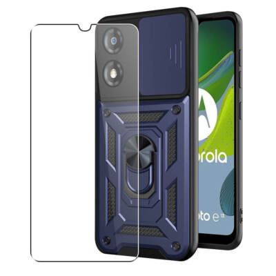 Hülle für Motorola Moto E13 Handyhülle + Glas Displayschutzfolie, Ständer Marineblau