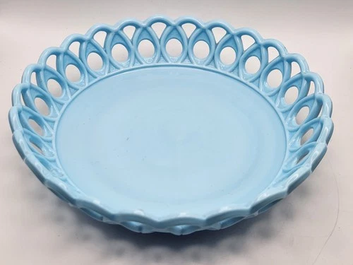 Antique EAPG Challinor Taylor Blue Milk Glass Scroll & Eye Loopy Lace Edge Bowl