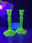 Vintage Tall Fenton Florentine Uranium Glass 2 Candlesticks 8 1/2 Mint Condition