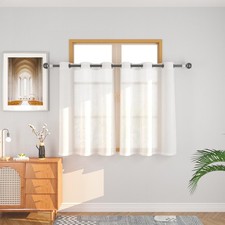 White Sheer Kitchen Tier Curtains 36 inches Linen Textured Short Small Mini S...