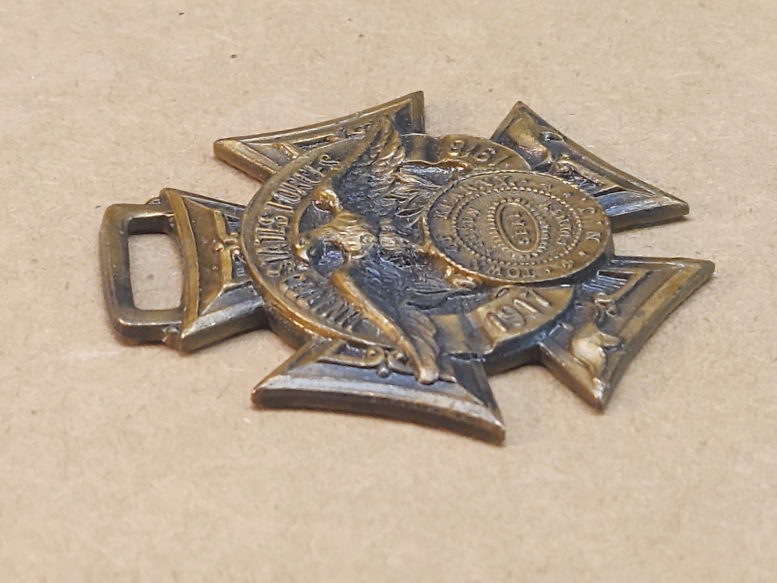 US Forces 1917-1918 Kearny NJ Presentation Watch Fob Medal Brass 1.75" W&H Co